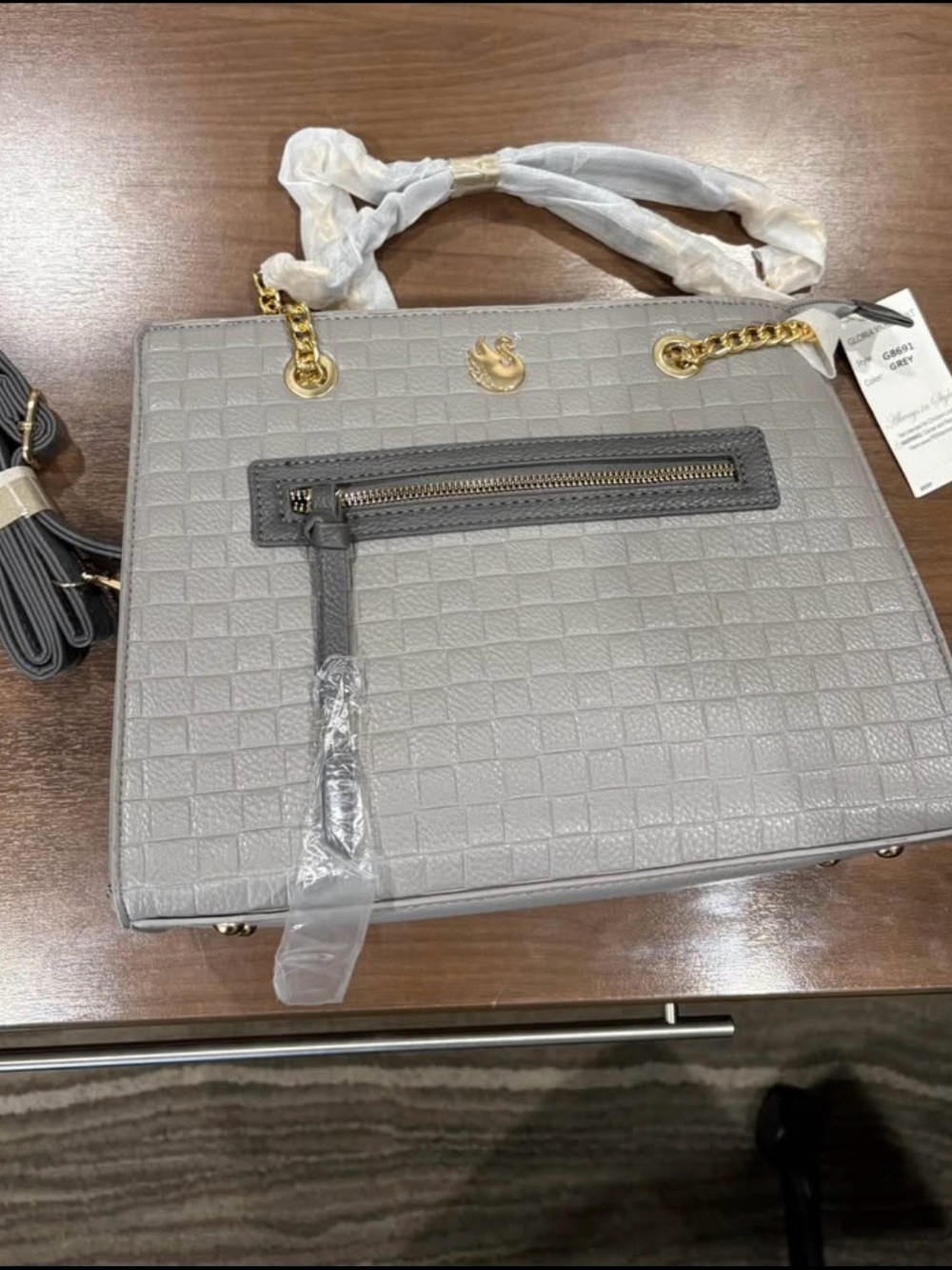 Gloria Vanderbilt Gray Satchel Tote Bag NWT Faux Leather Gold Chain